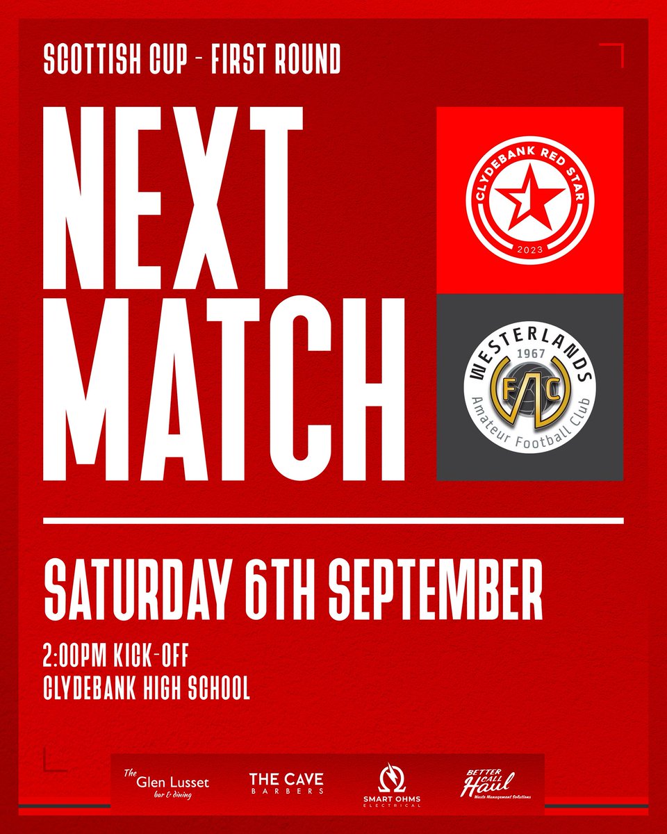NEXT MATCH ⚽️

Tomorrow sees Red Star begin our Scottish Cup journey with a tie against Westerlands AFC of the Caledonian League.

Afternoon kick-off so enjoy your lie in then come cheer us on 👏🏻

🔴⚫️

<a href="/GlasCollegesFA/">Glasgow Colleges FA</a> 
<a href="/ftsc0res/">fulltimesc0res</a> 
<a href="/scottish_aff/">AmateurFixturesResultsSCO</a> 
<a href="/westerlandsafc/">Westerlands AFC</a>