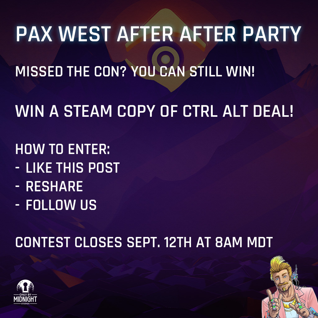 Welcome to the PAX West After After Party!  
Missed the con? You can still win!

Enter to win a Steam copy of Ctrl Alt Deal!

How to Enter:
- Like this post
- Reshare
- Follow us

Contest closes Sept 12 at 8AM MDT

#IndieDev #IndieGame #TurnBased #Cyberpunk #Strategy