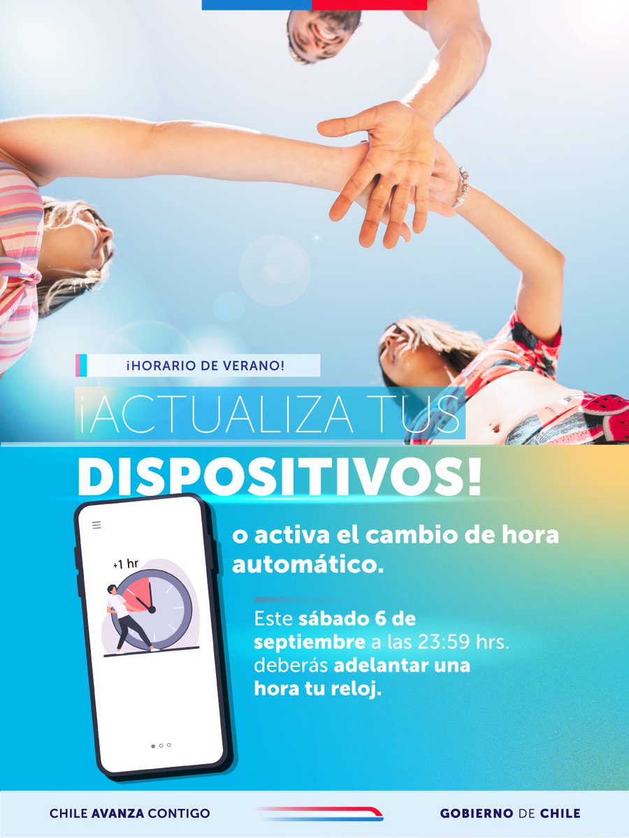 #CambioDeHora | Este sábado 6 de septiembre damos inicio al horario de verano y te recordamos corroborar que tus dispositivos hayan actualizado la hora de manera correcta. Puedes hacerlo manual o activar el modo automático.