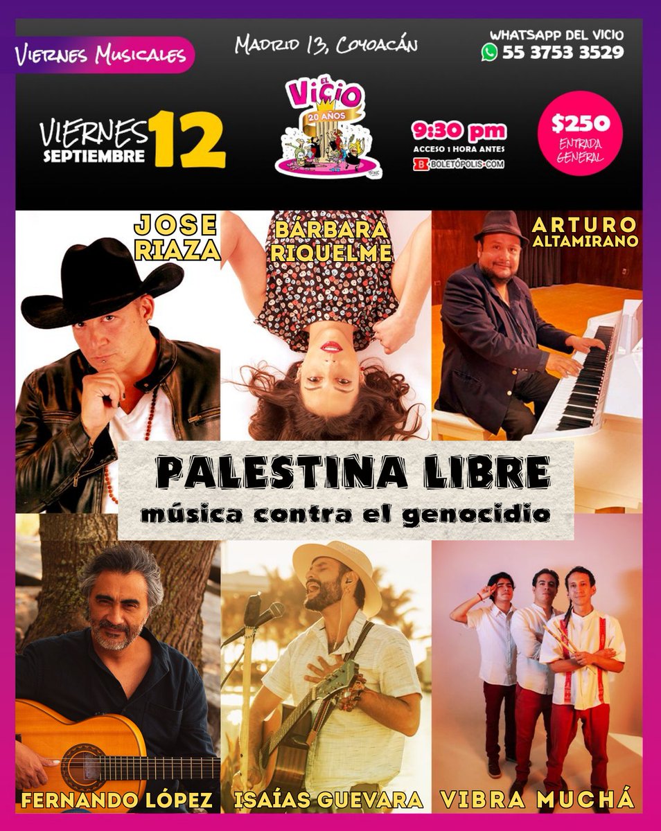 El próximo viernes 12 presentamos en Cdmx el álbum #PalestinaLibre . El dinero de la entrada irá a familias en Gaza, ayúdanos a difundir, gracias !!! convicpalestinalibre.boletopolis.com