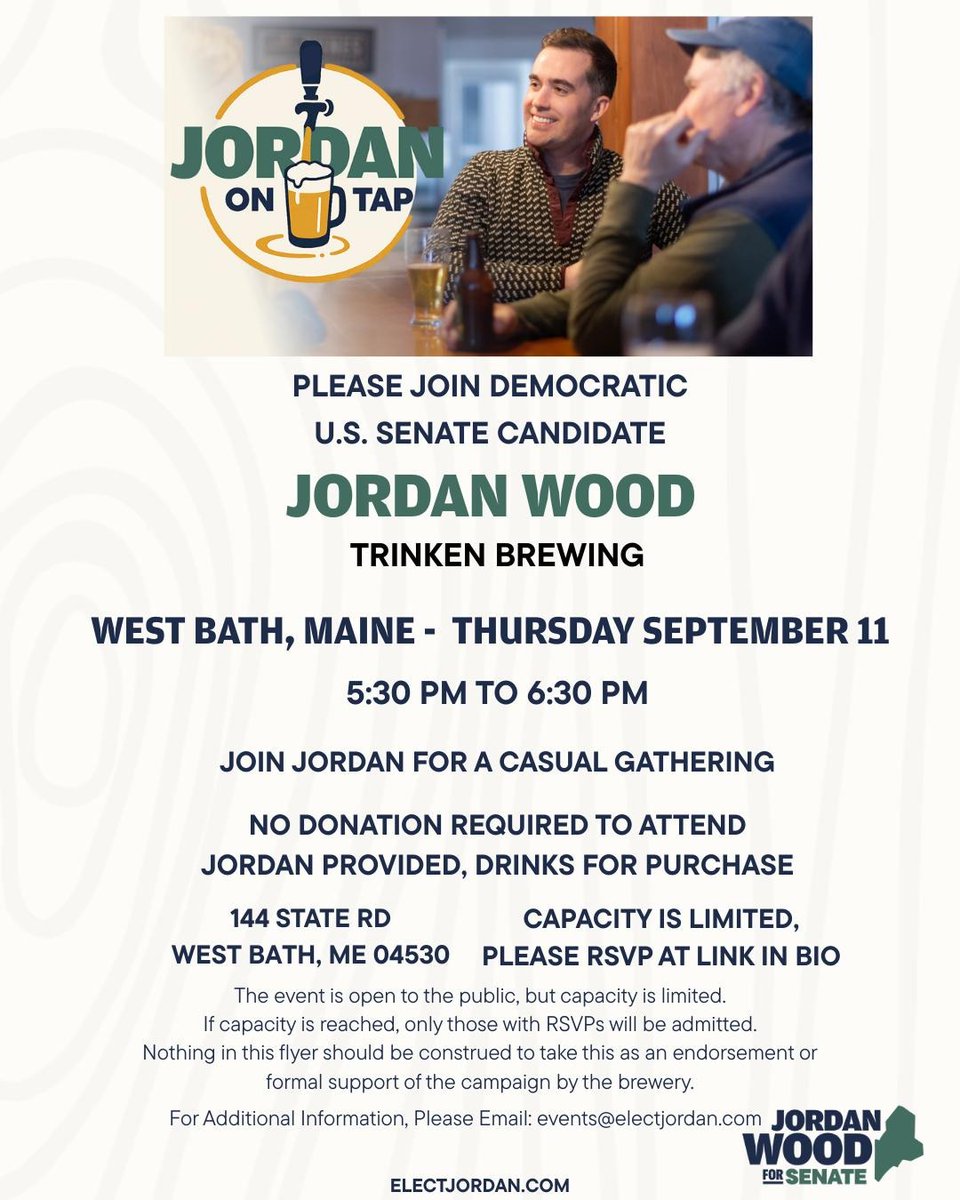 Looking forward to another Jordan on Tap this coming Thursday at Trinken Brewing! 

Come out for a few great Maine beers and even better conversation. RSVP: mobilize.us/electjordan/ev…