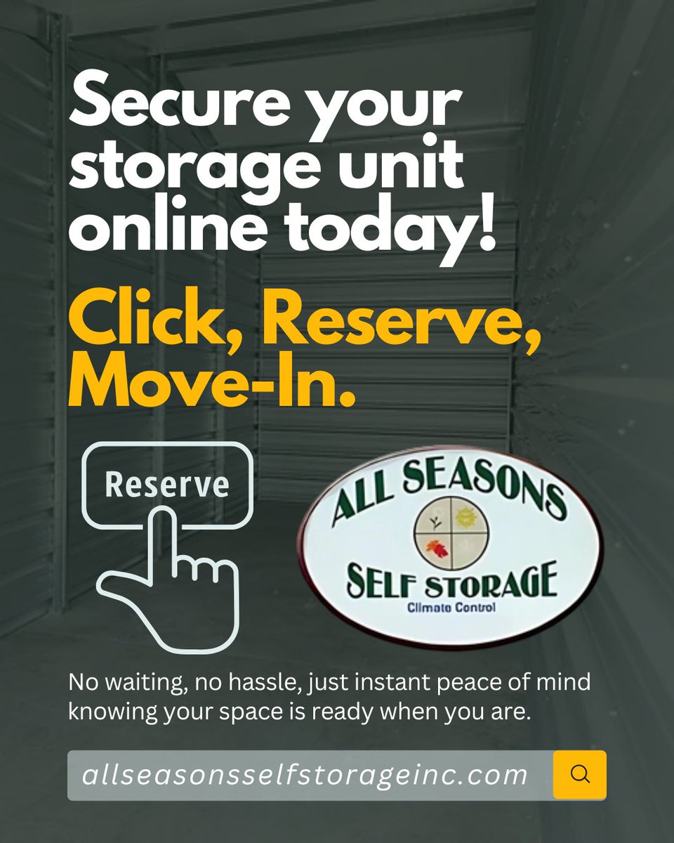 seasons_storage's tweet photo. Click, Reserve, Move In ✅ It’s that easy! Secure your storage unit online today—no waiting, no hassle, just instant peace of mind knowing your space is ready when you are. https://t.co/tuH1Hs1jo3
#selfstorage #ReserveOnline #EasyMoveIn #storage #middletownny https://t.co/5VYQdNNQRQ