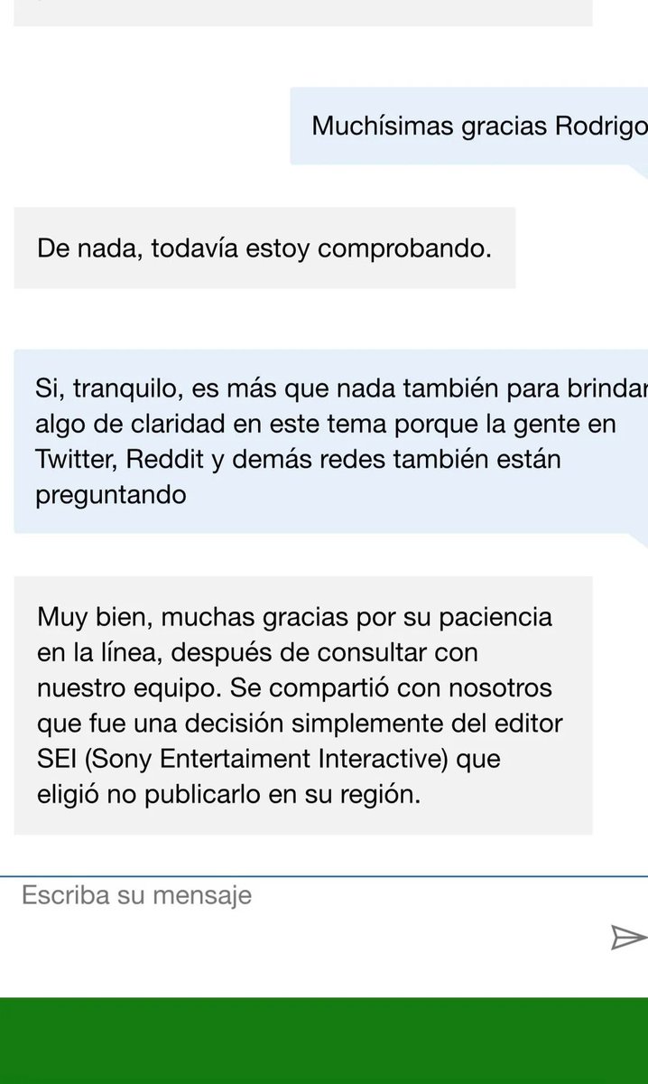 A screenshot of a chat interface with text conversations. The text includes "Muchísimas gracias Rodrigo" and "De nada, todavía estoy comprobando." Additional text reads "Si, tranquilo, es más que nada también para brindar algo de claridad en este tema porque la gente en Twitter, Reddit y demás redes también están preguntando" and "Muy bien, muchas gracias por su paciencia." No other objects or characters are visible.