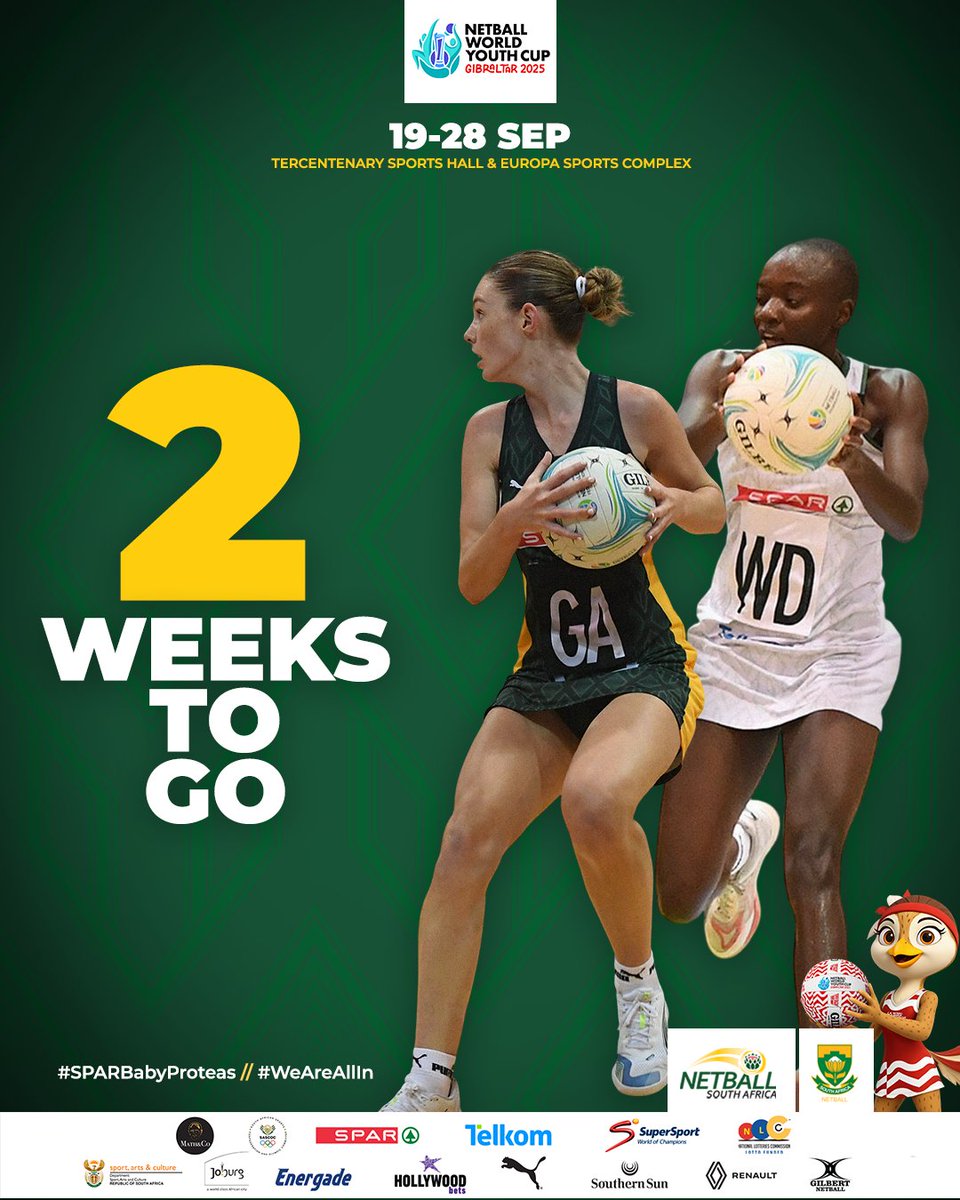 ⏳ Just 2 weeks to go until the first centre pass!
The SPAR Baby Proteas ready to rise on the world stage 🌍🏆

👉 nwyc2025.gi

#SPARBabyProteas #WeAreAllIn #RoadToGibraltar #NWYC2025GIB #NetballFamily