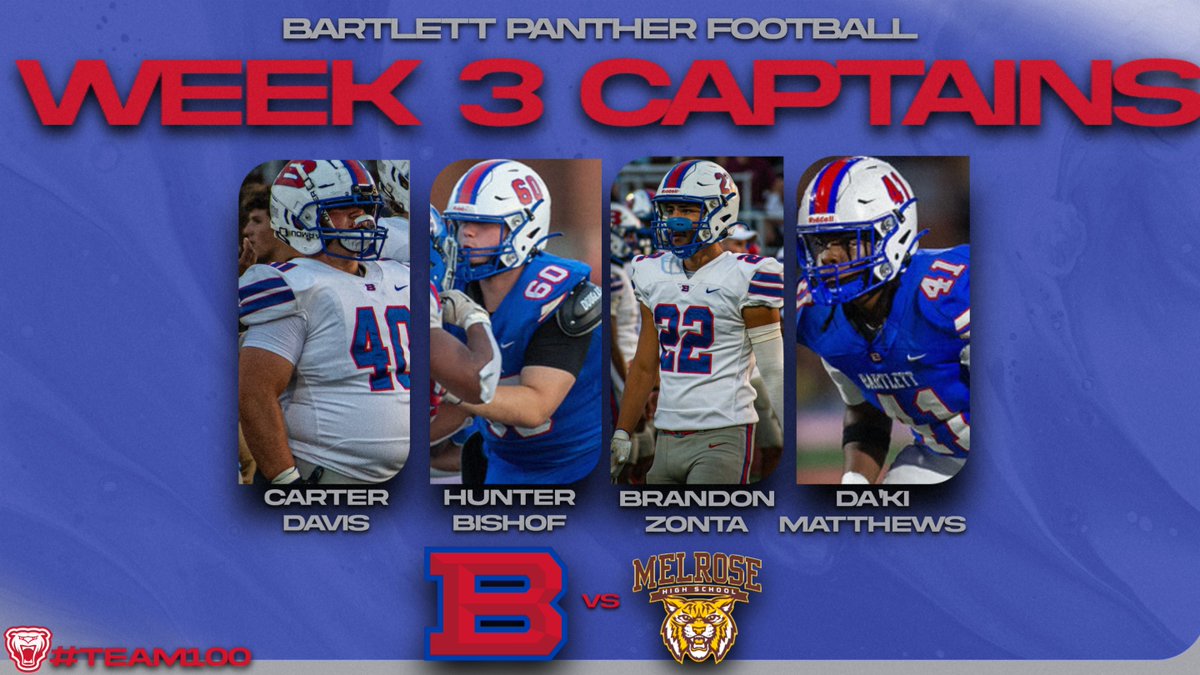 Bartlett Panthers Football (@bartlett_fb) on Twitter photo Your Bartlett Captains for tonight vs Melrose
<a href="/BartlettTNGov/">City of Bartlett TN</a>
<a href="/BartlettSchools/">BartlettCitySchools</a>
<a href="/CrewB52/">B52Crew</a>
<a href="/johnvarlas/">John Varlas</a> Your Bartlett Captains for tonight vs Melrose
<a href="/BartlettTNGov/">City of Bartlett TN</a>
<a href="/BartlettSchools/">BartlettCitySchools</a>
<a href="/CrewB52/">B52Crew</a>
<a href="/johnvarlas/">John Varlas</a>