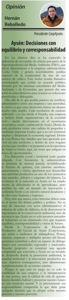 En su columna en <a href="/ddivisadero/">El Divisadero</a>, Hernán Rebolledo, Pdte. de CorpAysén, llamó a que las decisiones en la región se tomen con equilibrio y corresponsabilidad, considerando el impacto en pymes, familias y comunidades que apuestan por el futuro de Aysén. 🌊🌿