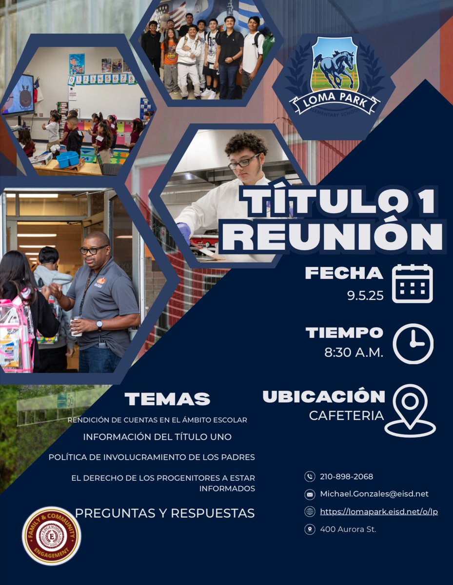 🚨 Loma Park Parents! 🚨
Don’t forget — today is our Fall Title I Meeting! If you missed the morning session, join us this afternoon at 2:00 PM. Your voice matters, and we’d love to see you there! 💙
<a href="/EISDFE/">George Garnica</a> <a href="/EdelyOlvera/">Edely Olvera</a> <a href="/LomaParkES/">Loma Park Elementary</a>