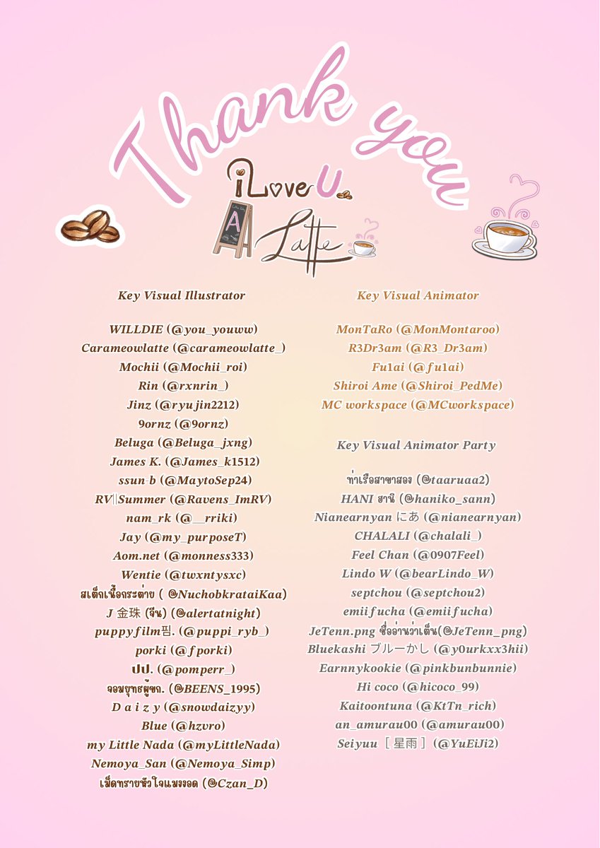 ขอขอบคุณทุกคนที่ได้ร่วมทำโปรเจคOriginal Fansong “i Love U a Latte” นี้ไปด้วยกัน ถ้าโปรเจคนี้ไม่ได้ผลงานดีๆจากทุกคนก็ไม่สามารถเกิดโปรเจคที่สวยงามนี้ขึ้นมาได้ ขอบคุณอีกครั้งจากใจจริงนะคะ i Love U a Latte💖🪽

#LoveGinALatte