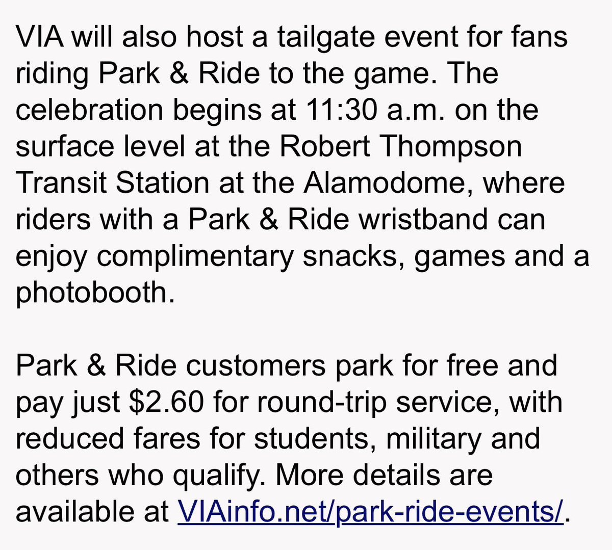 .<a href="/VIA_Transit/">VIA Metro Transit</a> will be offering their park and ride option to the UTSA game! Service starts at 11:30 am and those that opt to use park and ride will also gain access to their tailgate! #PACKTHEDOME