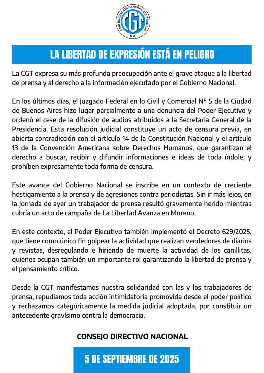 🔵 LA LIBERTAD DE EXPRESIÓN ESTÁ EN PELIGRO

👉🏼 La CGT expresa su más profunda preocupación ante el grave ataque a la libertad de prensa y al derecho a la información ejecutado por el Gobierno Nacional