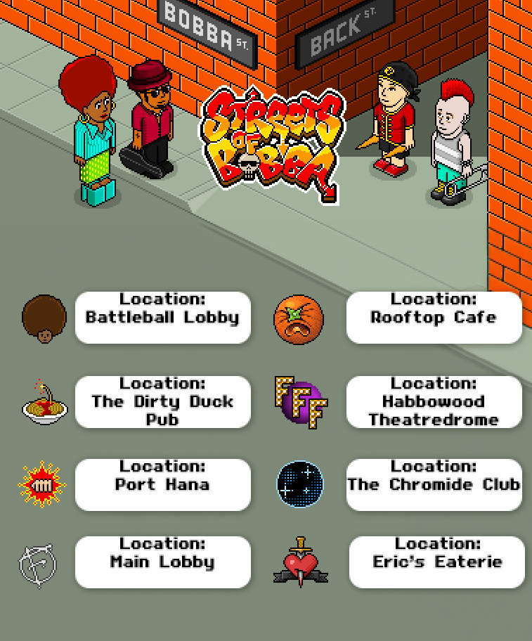 Get your Streets of Bobba badges at the locations below just by logging in and selecting your favourite one and talking to the NPC! 👇