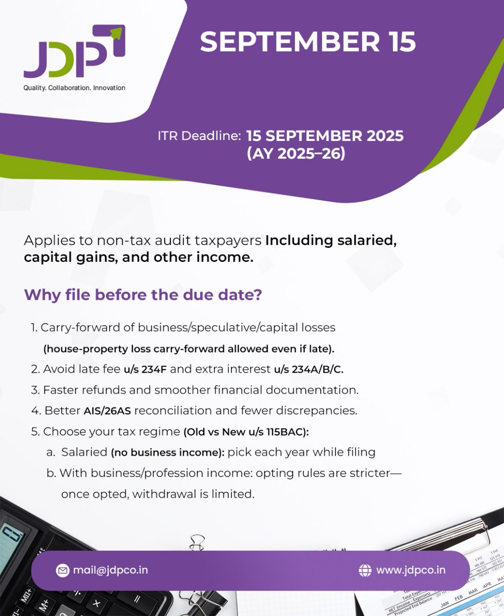 co_jdp's tweet photo. Don’t wait till the last minute! File your Income Tax Return before September 15th and stay compliant.
#JDPandCo #FileYourTaxes #TaxDeadline #IncomeTaxReturn #StayCompliant #TaxFiling #DontDelay #TaxSeason #TaxTips #BeatTheDeadline #September15Deadline #LastMinuteRush #TaxTime https://t.co/xggrAXZ1Ux