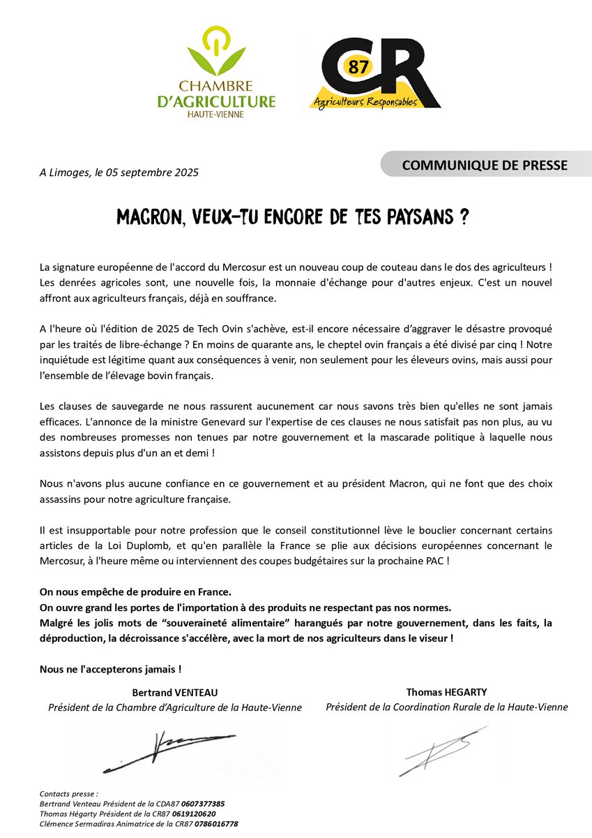 🟡⚫️Communiqué de presse commun entre la Chambre d'Agriculture de la Haute-Vienne et la Coordination Rurale de la Haute-Vienne !
🔴MACRON, VEUX-TU ENCORE DE TES PAYSANS ?