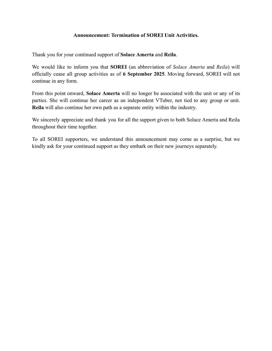 Announcements regarding SOREI. 

Thank you for your continuous support towards our unit.