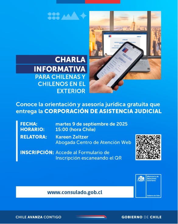 ¡Inscríbete y participa en la charla informativa!
Conoce la orientación e información legal que entrega la Corporación de Asistencia Judicial para chilenas y chilenos en el exterior 🌍⚖️

Inscríbete en bit.ly/4g38dyY