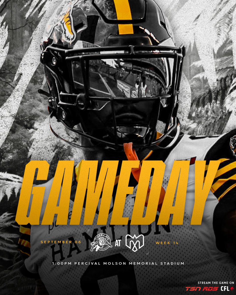 Hamilton Tiger-Cats (@ticats) on Twitter photo WEEK 14 GAMEDAY IS HERE 🔥
🗓 | Today, Sept 6
🕖 | 1:00 PM ET
🆚 | <a href="/MTLAlouettes/">Alouettes de Montréal</a>
🏟 | Percival Molson Memorial Stadium
🎧 | ticats.ca/listen
📺 | TSN / RDS (🇨🇦) / CFL+ (🇺🇸/🌎) WEEK 14 GAMEDAY IS HERE 🔥
🗓 | Today, Sept 6
🕖 | 1:00 PM ET
🆚 | <a href="/MTLAlouettes/">Alouettes de Montréal</a>
🏟 | Percival Molson Memorial Stadium
🎧 | ticats.ca/listen
📺 | TSN / RDS (🇨🇦) / CFL+ (🇺🇸/🌎)