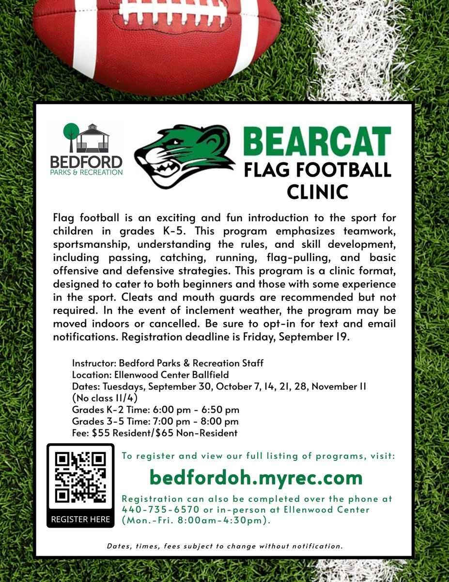 bedfordrec's tweet photo. Register for our Fall Youth Flag Football Clinic! Limited spaces available. Don't miss out!
Click for more information and to register: https://t.co/f5HFfFIh7z https://t.co/gP0ogwDsmO