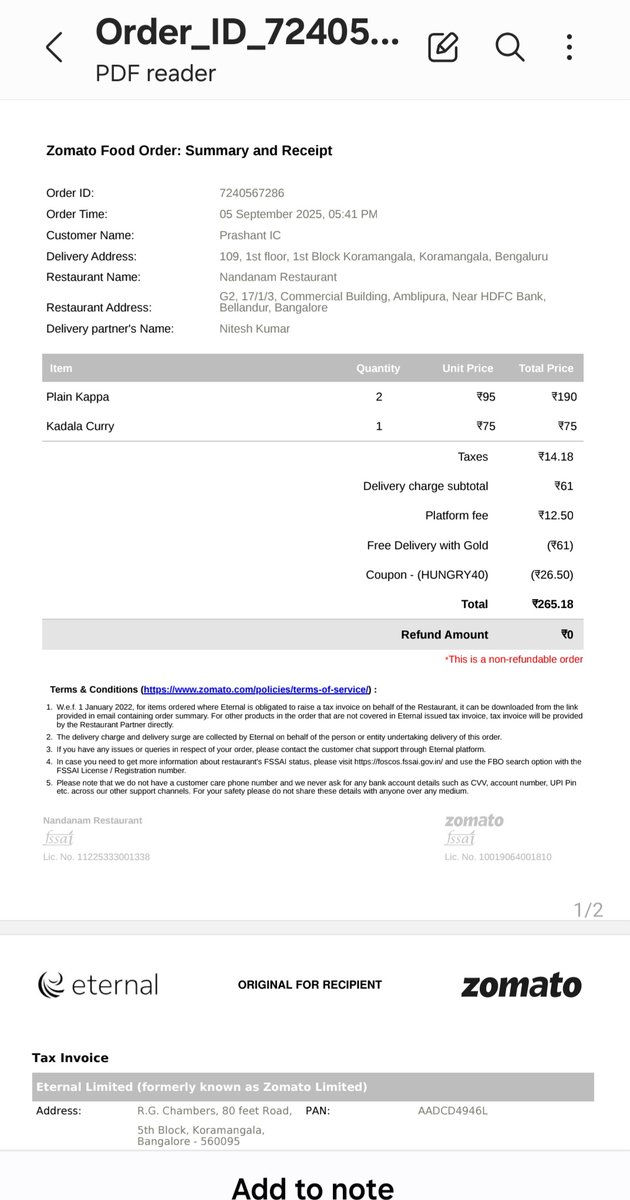 icprasanth's tweet photo. @Swiggy @zomatoin @zomatocare.
 Zomato can cancel your order without your concern and will not refund as well. Order id - 7240567286 https://t.co/FnAiLNtLpb