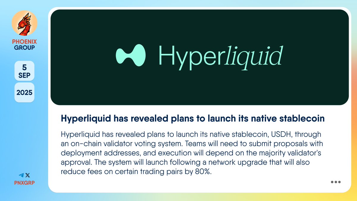 🔥 @HyperliquidX has revealed plans to launch its native stablecoin # Hyperliquid has revealed plans to launch its native stablecoin, #USDH,  through an on-chain validator voting system. Teams will need to submit  proposals