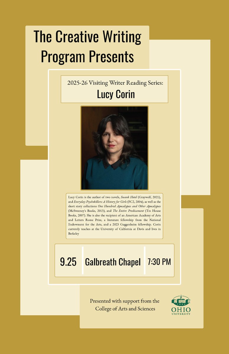 The OHIO English Department is excited to welcome novelist &amp; short story writer Lucy Corin as the first visiting writer of the 25-26 academic  year.  September 25 at 7:30 PM in Galbreath Chapel. This reading is free and open to the public. .<a href="/OHIOartsandsci/">OHIO College of Arts and Sciences</a> .<a href="/ohiou/">Ohio University</a>