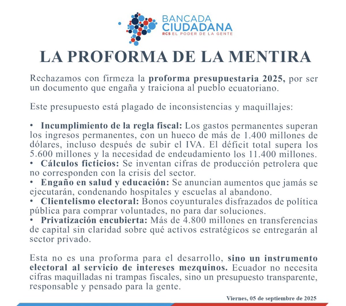 BancadaRC5's tweet photo. La proforma 2025 no es un plan de desarrollo, es un fraude electoral: cifras inventadas, salud y educación condenadas al abandono, clientelismo y privatización encubierta.
Desde nuestra Bancada, que sí vela por la gente, decimos NO a este presupuesto tramposo.

#PresupuestoTramposo