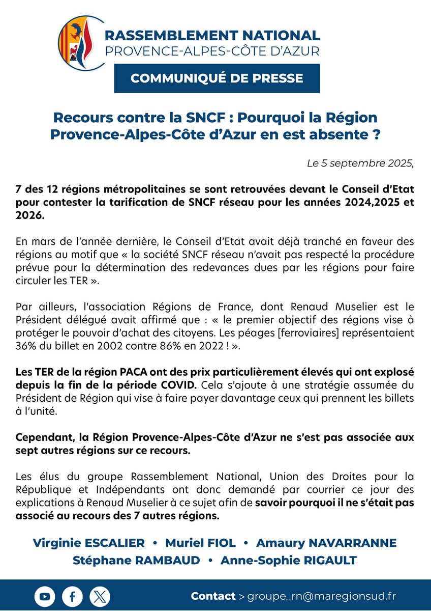 🚆 7 régions attaquent la SNCF devant le Conseil d’État pour défendre le pouvoir d’achat face à la flambée des tarifs.

Pourquoi la Région de Renaud Muselier refuse t-elle de se joindre au recours ?