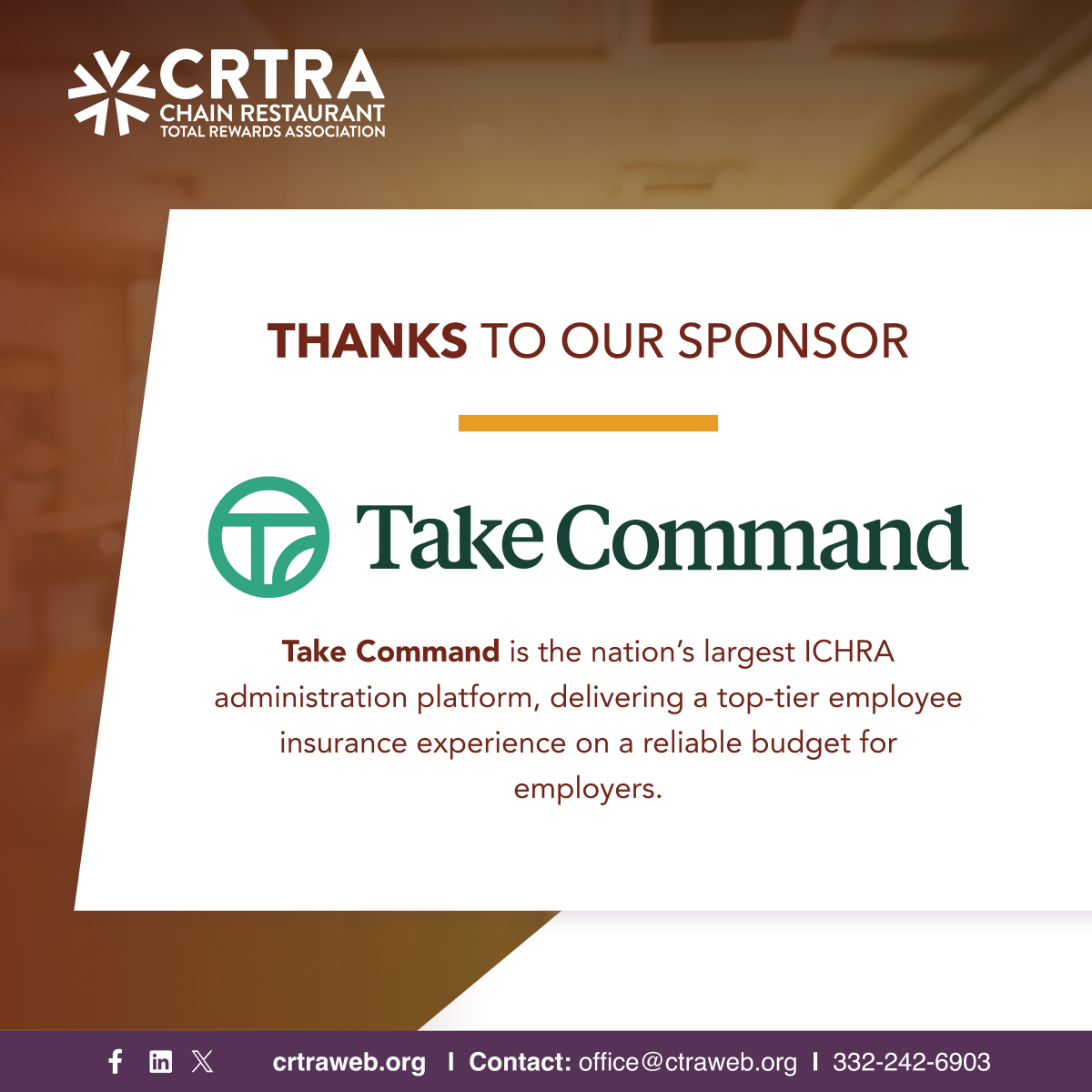 We’re excited to feature Take Command as this month’s Sponsor Spotlight! As a valued sponsor of CRTRA’s Annual Conference, we want to take a moment to highlight the benefit services they provide and the support they bring to our community.
Learn more here: takecommandhealth.com/ind.../hra-for…