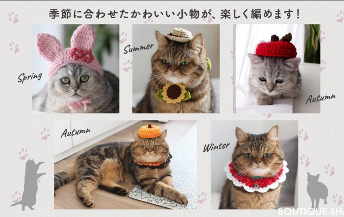 『ねこの寅次郎とかぎ針編みのおめかし小物』　#ブティック社
#torachanthecat / 著
🐱季節ごとに楽しめる帽子やつけ襟などのデザインが多数✨
#寅次郎 #編み物 #かぎ針編み #小物 #編み物デザイン #猫 #手芸本 #趣味 #岐阜市 #長良書店