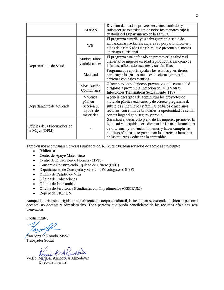 CONOCE LAS AGENCIAS QUE ESTARÁN PRESENTES EN LA FERIA DE SERVICIOS ESTUDIANTILES EN EL RUM
El Departamento de Consejería y Servicios Psicológicos te invitan a la feria de servicios estudiantiles.