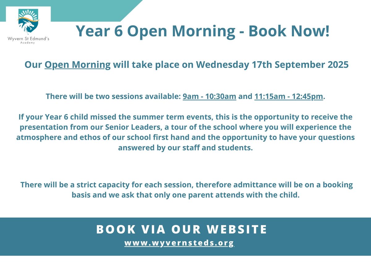 wyvernstedmunds's tweet image. Our Year 6 Open Morning (Wed 17th Sept) is now available to book!

If you would like to attend please book your place via the link on our website: wyvernsteds.org/1204/open-morn…

#year6openevents #schooltransition #year6openmorning