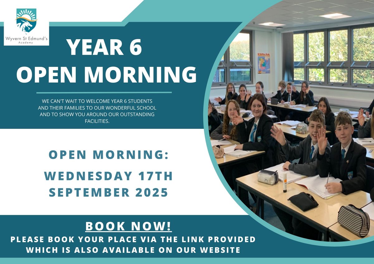 wyvernstedmunds's tweet image. Our Year 6 Open Morning (Wed 17th Sept) is now available to book!

If you would like to attend please book your place via the link on our website: wyvernsteds.org/1204/open-morn…

#year6openevents #schooltransition #year6openmorning