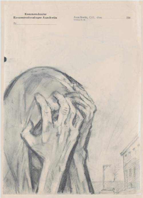Red Army war artist Zinovy Tolkachev created drawings after arriving at #Auschwitz following liberation. When he ran out of paper, he sketched on letterhead found in the commandant’s office.

Original in the collection of <a href="/yadvashem/">Yad Vashem</a>