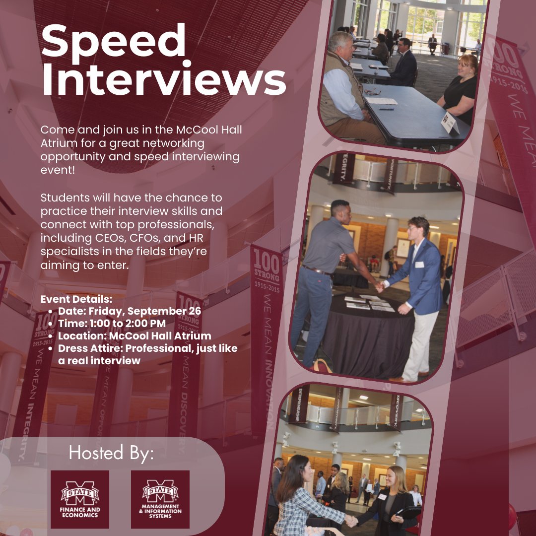 Get ready for Speed Interviews! Join us Sept 26, 1–2 PM at McCool Hall Atrium to practice interviews and connect with professionals.📣

✉️MIS majors email resumes to kruth@business.msstate.edu
✉️Finance &amp; Econ majors email to thowell@business.msstate.edu
