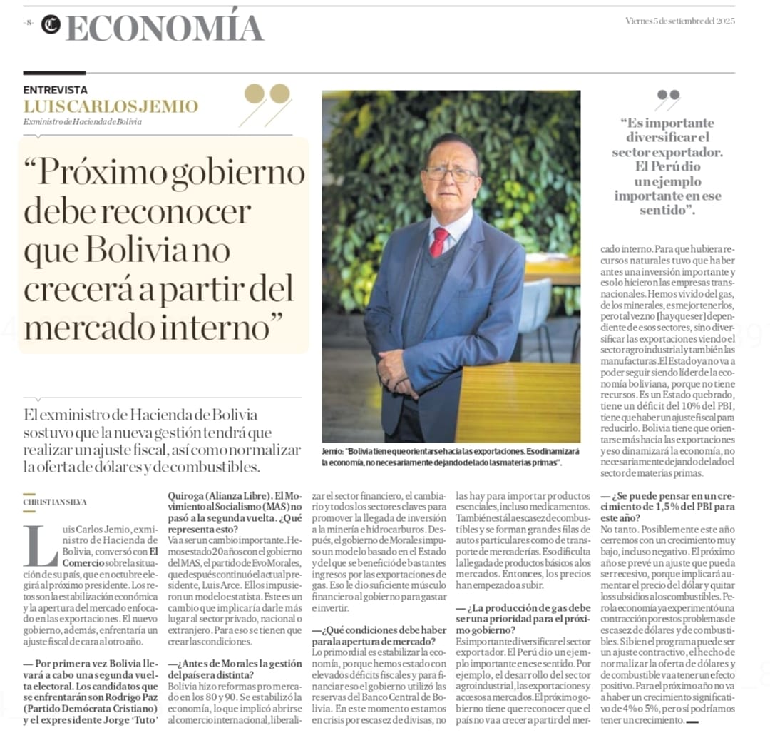 Te invitamos a revisar la entrevista a Luis Carlos Jemio, Investigador Senior de INESAD publicada en El Comercio "Próximo gobierno debe reconocer que Bolivia no crecerá a partir del mercado interno”.
Puedes leer la entrevista completa a continuación 
wp.me/p9wqBX-4PY