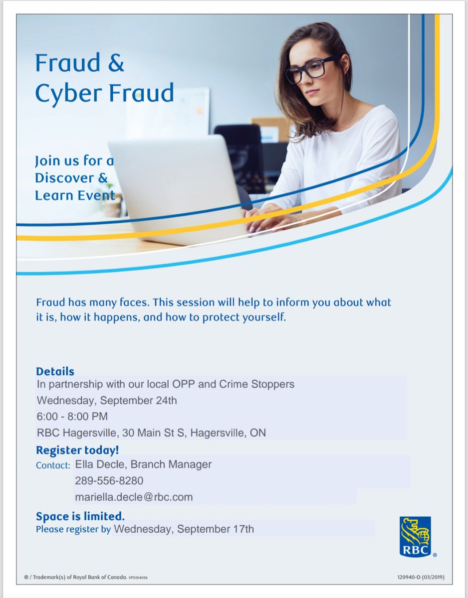 OPP_WR's tweet photo. Want to know ways you can protect yourself from falling victim to #fraud? #HaldimandOPP is joining @RBC staff and @hncrimestoppers for an information session on September 24th at the branch in #Hagersville. Space is limited. "CLICK HERE TO REGISTER-https://t.co/SKpxe2ctJK @HaldimandCounty^pc