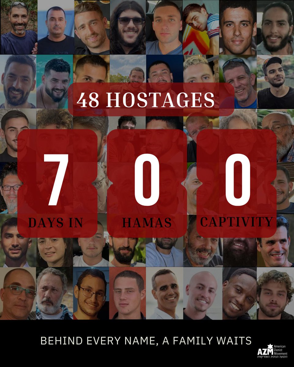 AZM4Israel's tweet image. 700 days have passed — and 48 of our brothers and sisters are still held hostage by Hamas.

The rare glimpses we receive reveal the unbearable truth: they are enduring brutal conditions, their bodies and spirits bearing the devastating toll of this ongoing torture.

We must…