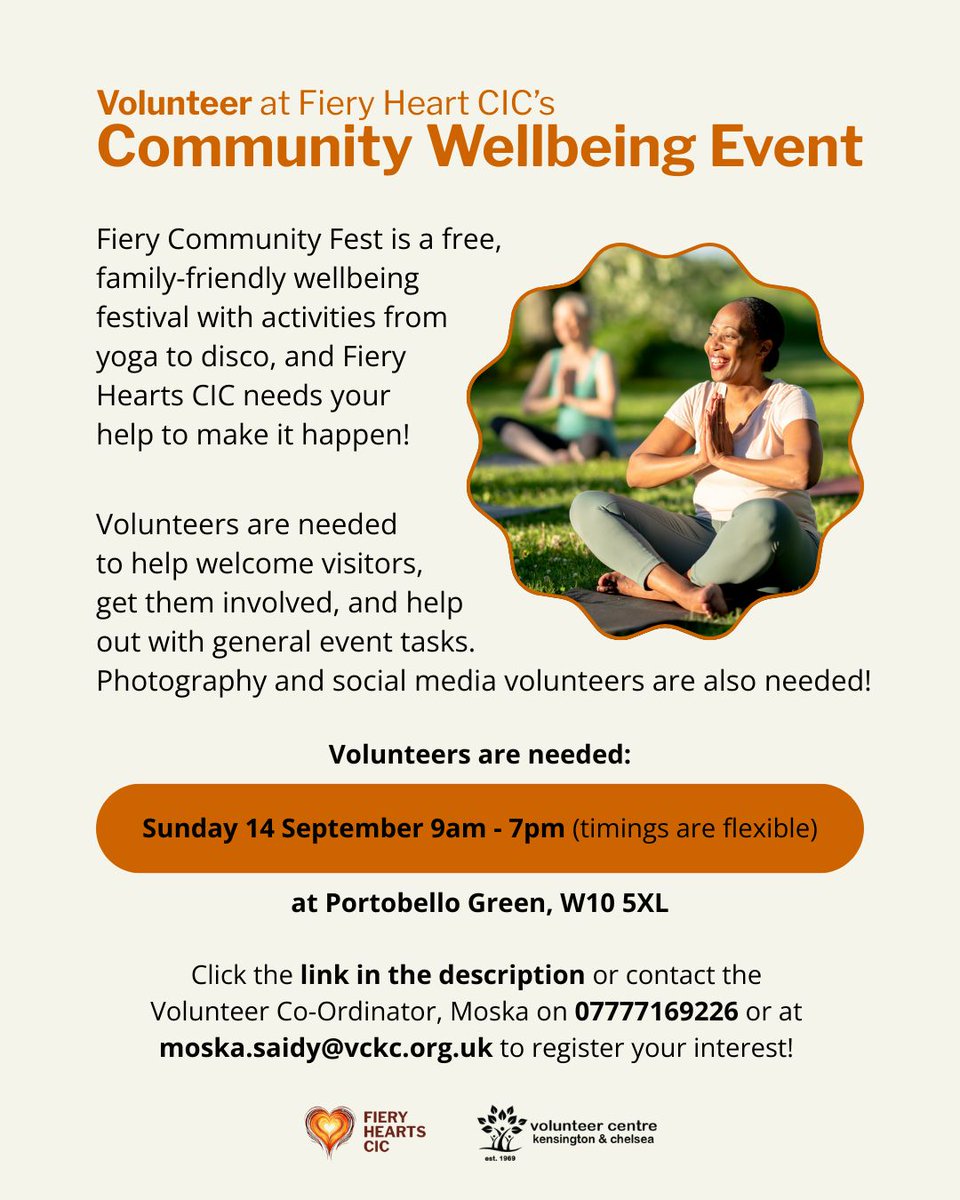 Volunteer Centre Kensington & Chelsea (@volcentre_kandc) on Twitter photo Are you passionate about #community, wellbeing, and fun events? #Volunteer next Sunday (14 Sept) at Fiery Heart CIC's brand-new Community #Wellbeing Event! 🌟
👉 To #getinvolved, contact Moska (moska.saidy@vckc.org.uk / 07777169226) or click the link: help.plinth.org.uk/volunteer/vckc… Are you passionate about #community, wellbeing, and fun events? #Volunteer next Sunday (14 Sept) at Fiery Heart CIC's brand-new Community #Wellbeing Event! 🌟
👉 To #getinvolved, contact Moska (moska.saidy@vckc.org.uk / 07777169226) or click the link: help.plinth.org.uk/volunteer/vckc…