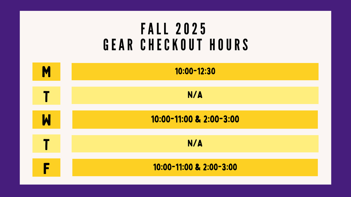 LSUScreenArts's tweet image. Welcome back for a new semester! We've created a helpful guide with the Screen Arts Office hours and Gear Checkout schedule. Swipe to see when we're open!