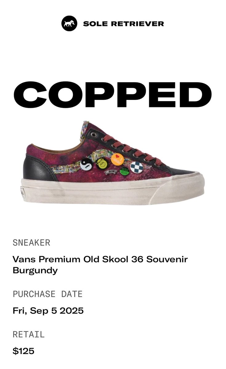 referencezhd's tweet image. I just copped the Vans Premium Old Skool 36 Souvenir Burgundy with @SoleRetriever
rtrv.in/share-win