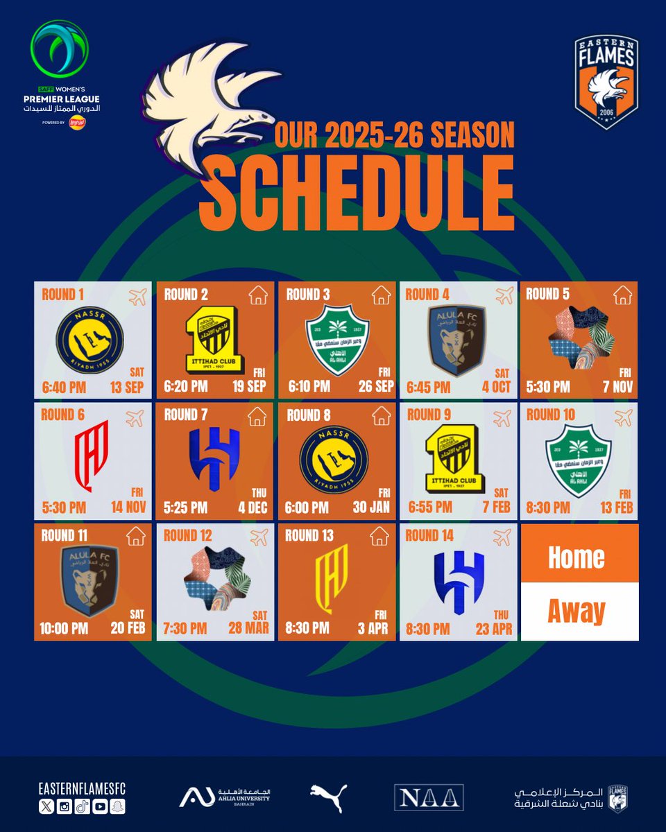جدول مباريات الفريق الأول بالدوري الممتاز لموسم 2025-2026 🧡💙

First team schedule 😏☝️ Premier League 2025-2026

#easternflamesfc #شعلة_الشرقية
#شوفوا_دورينا