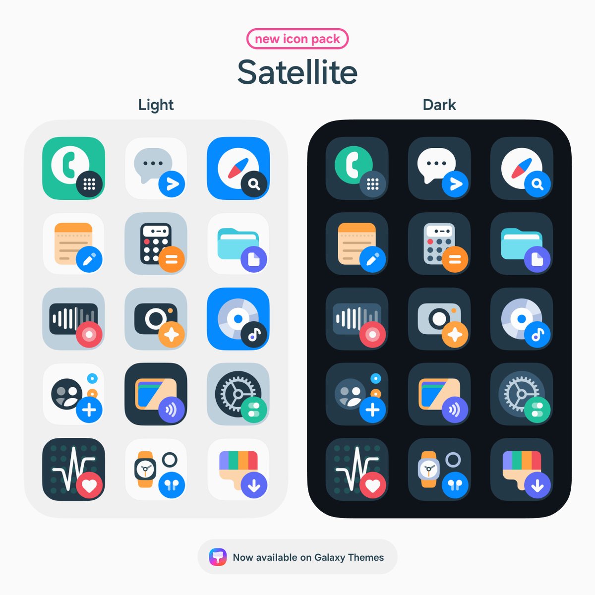 The light and dark icon packs of the Satellite theme are now available for download on the Samsung Galaxy Themes app 🎨

Don't forget to rate and comment on Galaxy Themes and follow me on social media ✨ linktr.ee/flthemes