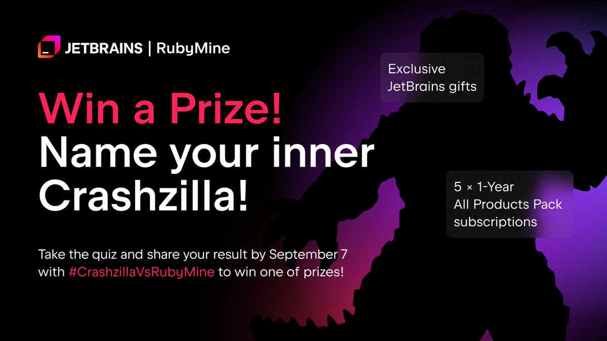 rubymine's tweet image. ⏰ Only two days left! 
Don&apos;t miss the Crashzilla vs. RubyMine Quiz!
💡 Discover your Crashzilla monster
🏅 Earn a custom badge
🎁 Share it for a chance to win:
🔹5️⃣ All Products Pack subscriptions
🔹Exclusive JetBrains swag
Take the quiz now: 👉 jb.gg/lhsiyi