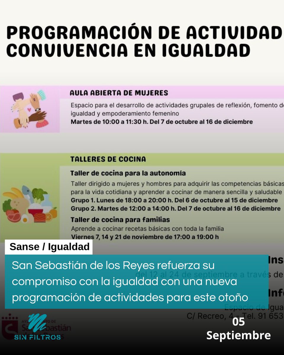🔷 San Sebastián de los Reyes refuerza su compromiso con la igualdad con una nueva programación de actividades para este otoño

📣 Talleres de teatro, cocina, mindfulness, pilates y espacios de encuentro impulsan el bienestar, la convivencia y el empoderamiento ciudadano.