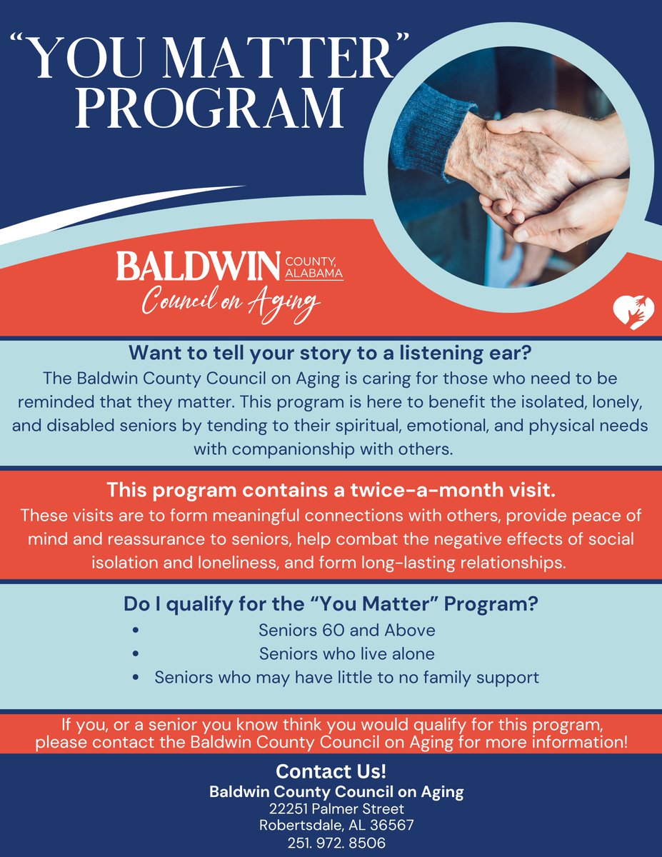 In need of companionship? The Baldwin County Council on Aging is here for you! The "You Matter" Program supports seniors by providing twice-a-month visits to foster meaningful connections, offering reassurance, and combating the effects of social isolation.