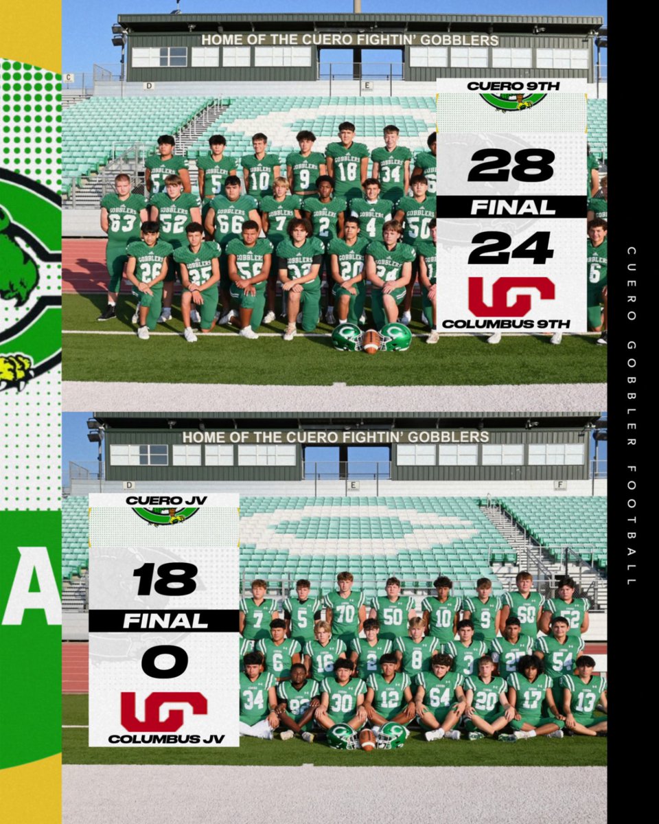 CueroAthletics's tweet photo. Gobbler Football Freshmen and JV remain UNDEFEATED at 2-0 with wins last night at La Vernia!! #GMG #TAKEAIM https://t.co/ZArYmCxsQG