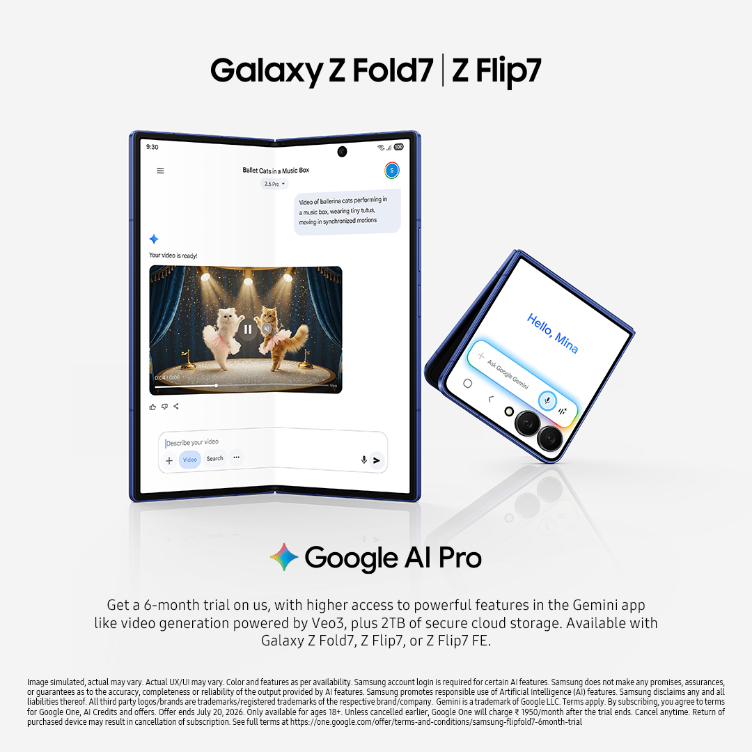 Step into the future with Galaxy foldables Take advantage of a 6 month trial of Google AI Pro, video generation with Veo3, and 2TB of secure cloud storage. GalaxyZFold7 GalaxyZFlip7 Samsung https t.co RgD7LiwZ2G Step into the future with Galaxy foldables Take advantage of a 6 month trial of Google AI Pro, video generation with Veo3, ...
