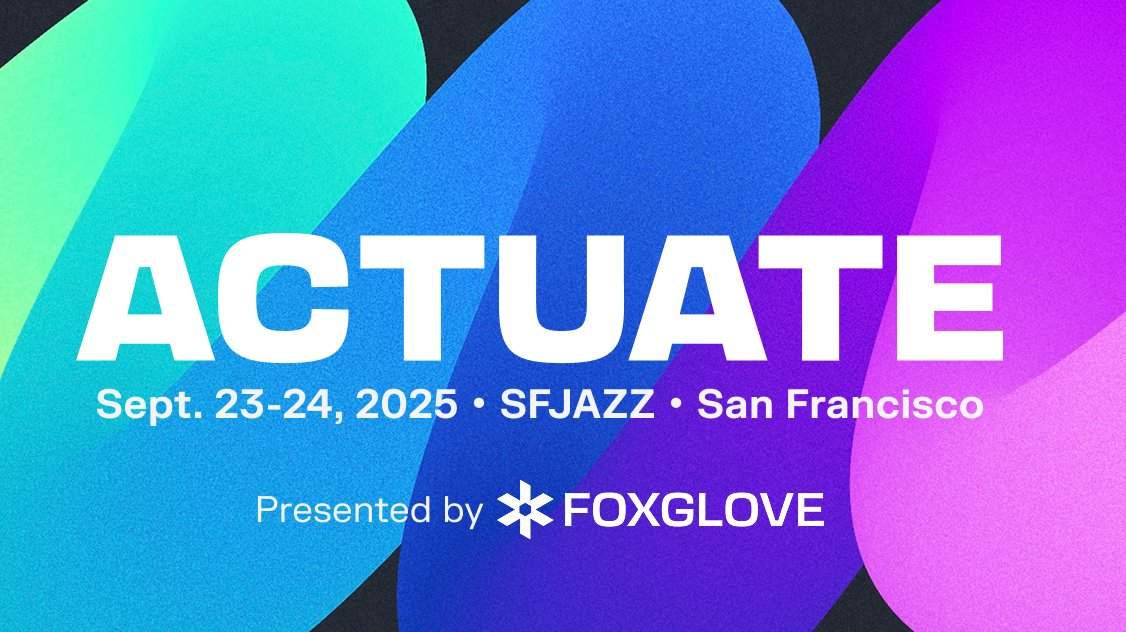 Foxglove (@foxglove) on Twitter photo 🚨 Actuate 2025 is almost sold out! 🚨
Prices increase from $649 to $799 for 'Last Call' starting Sunday, so get your ticket before the price jump.
Also, the final speaker list is up on the website. We've added presenters from <a href="/GeneralistAI_/">Generalist</a>, <a href="/nvidia/">NVIDIA</a>, <a href="/DexterityRobots/">Dexterity Robotics</a>, 🚨 Actuate 2025 is almost sold out! 🚨
Prices increase from $649 to $799 for 'Last Call' starting Sunday, so get your ticket before the price jump.
Also, the final speaker list is up on the website. We've added presenters from <a href="/GeneralistAI_/">Generalist</a>, <a href="/nvidia/">NVIDIA</a>, <a href="/DexterityRobots/">Dexterity Robotics</a>,