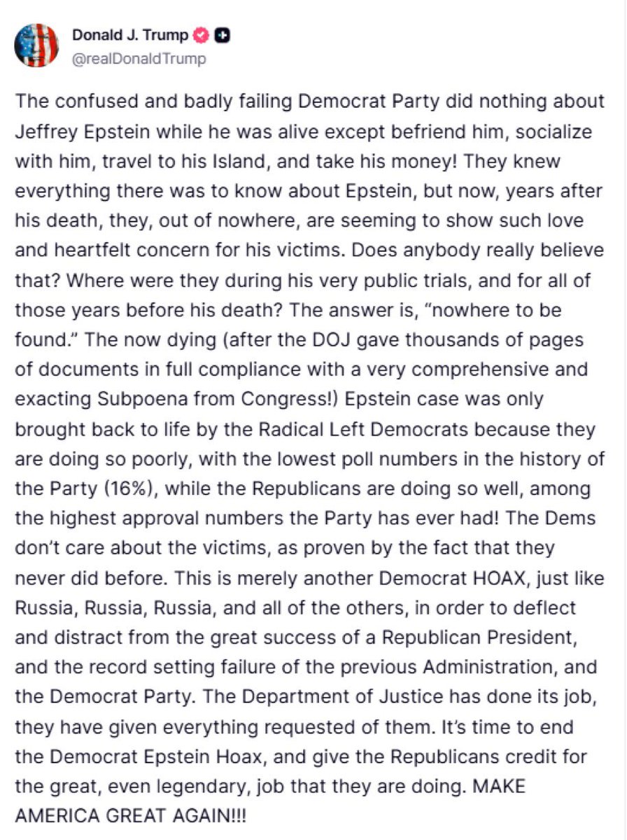Trump: “It’s time to end the Democrat Epstein Hoax.”

This is pure panic.