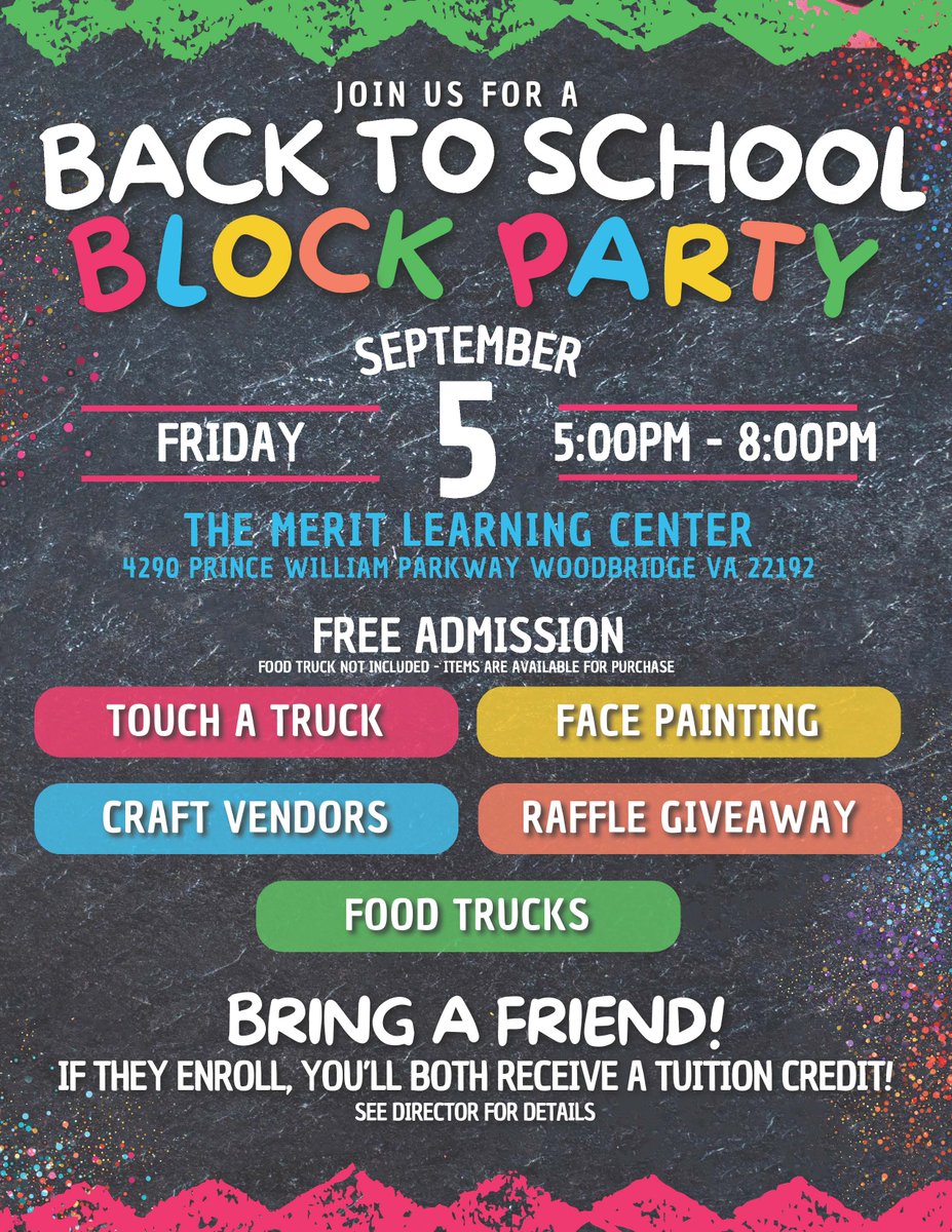 lle_group's tweet photo. 🎉 Back to School Block Party at The Merit Learning Center! Join us this afternoon for free family fun food, crafts, music, and community vibes! Explore goodies for purchase and chat with our team about enrollment and career opportunities. We can’t wait, see you there! https://t.co/1dkPPQ2Neg