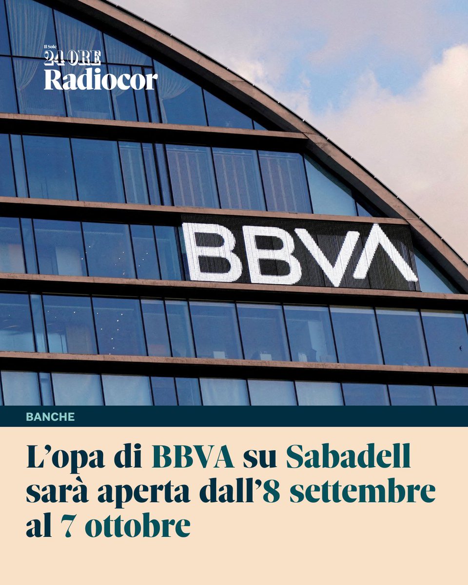 Il Sole 24 ORE Radiocor (@24oreradiocor) on Twitter photo L'Autorità di regolamentazione del mercato azionario spagnolo ha dato il via libera all'opa di #Bbva su #BancoSabadell. L'offerta consiste nello scambio di un'azione di Bbva e 0,70 euro in contanti per 5,5483 azioni di Banco Sabadell. Leggi il lancio: tinyurl.com/2hbxztdj L'Autorità di regolamentazione del mercato azionario spagnolo ha dato il via libera all'opa di #Bbva su #BancoSabadell. L'offerta consiste nello scambio di un'azione di Bbva e 0,70 euro in contanti per 5,5483 azioni di Banco Sabadell. Leggi il lancio: tinyurl.com/2hbxztdj